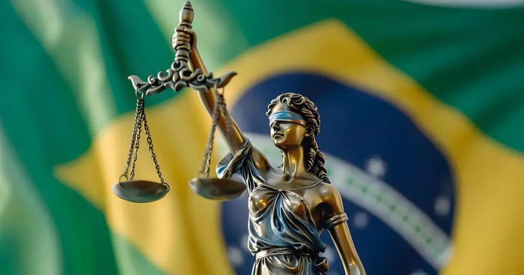 Estátua da Justiça com bandeira do Brasil ao fundo